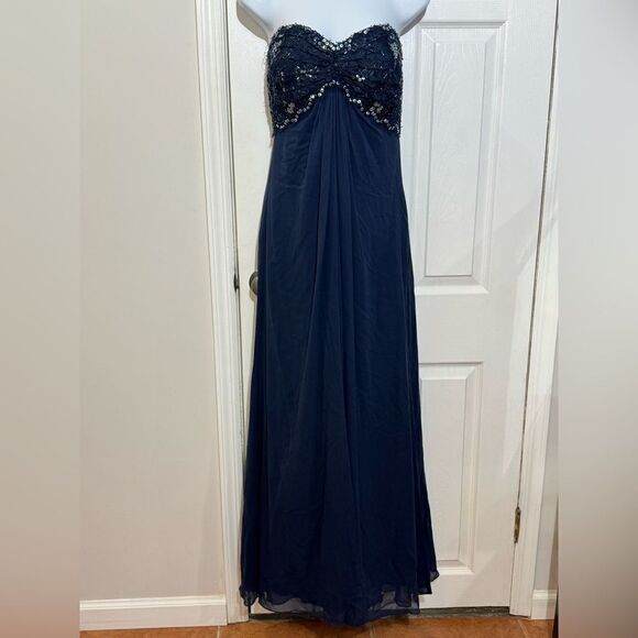 Tadashi Collection Silk Beaded Ruched Long Evening Gown Navy Blue dress Size 6 - Picture 7 of 16
